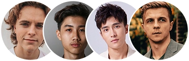Headshots of four diverse young men with neutral expressions against blurred backgrounds.